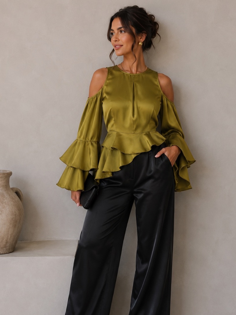 ASOS Olive Cold-Shoulder Ruffle Satin Top with Black Wide-Leg Pants